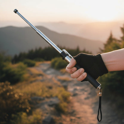 Hand hält einen ausgezogenen Teleskopstab mit schwarzem Griff vor einer Berglandschaft