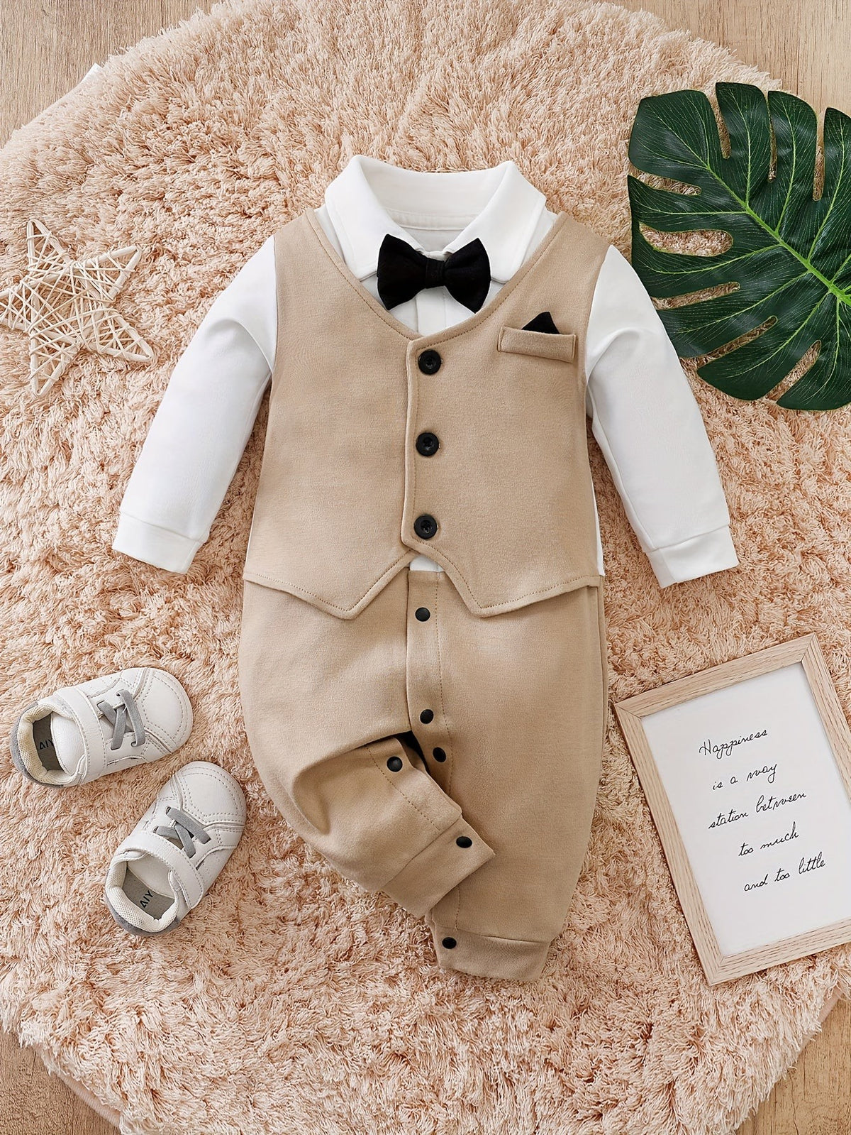 Beige-weißer Babystrampler mit schwarzer Fliege auf einem flauschigen Teppich