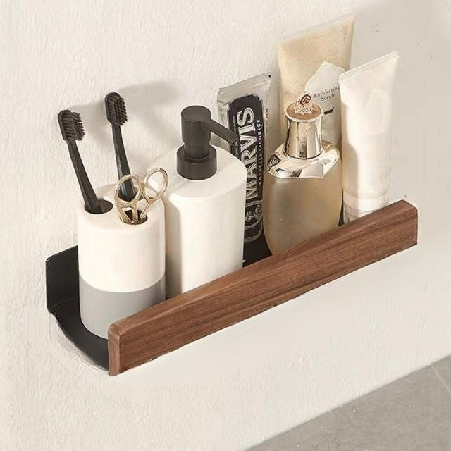 Badezimmer-Wandregal mit Holzleiste und selbstklebender Montage ohne Bohren, Ansicht 3