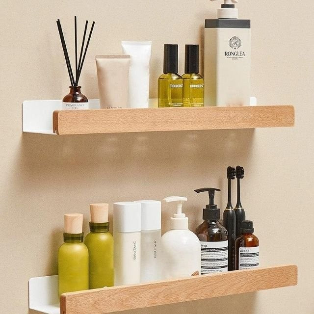 Badezimmer-Wandregal mit Holzleiste und selbstklebender Montage ohne Bohren, Ansicht 10
