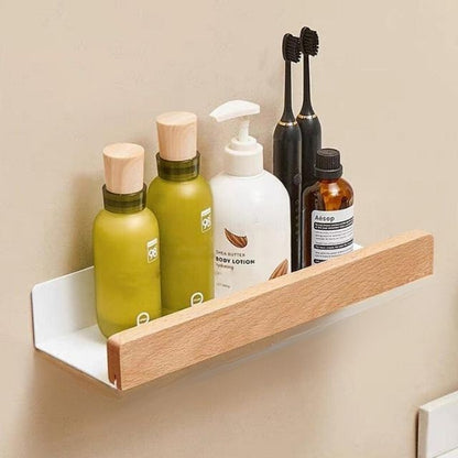 Badezimmer-Wandregal mit Holzleiste und selbstklebender Montage ohne Bohren in Hellbraun