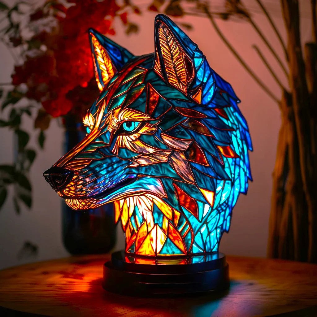 Leuchtende Tischlampe in Buntglas-Optik in Form eines Wolfskopfs