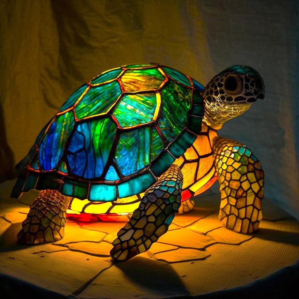 Batteriebetriebene Tischlampe in Buntglas-Optik mit Tiermotiv aus Polyresin, Ansicht 2