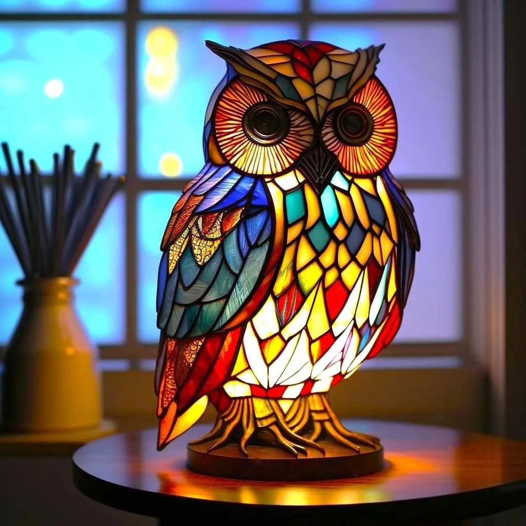 Batteriebetriebene Tischlampe in Buntglas-Optik mit Tiermotiv aus Polyresin, Ansicht 5