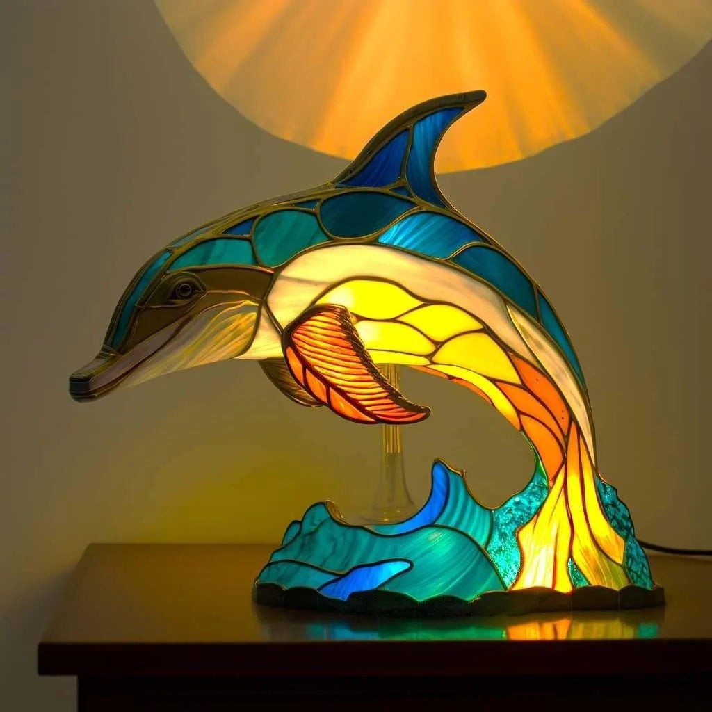 Batteriebetriebene Tischlampe in Buntglas-Optik mit Tiermotiv aus Polyresin, Ansicht 10