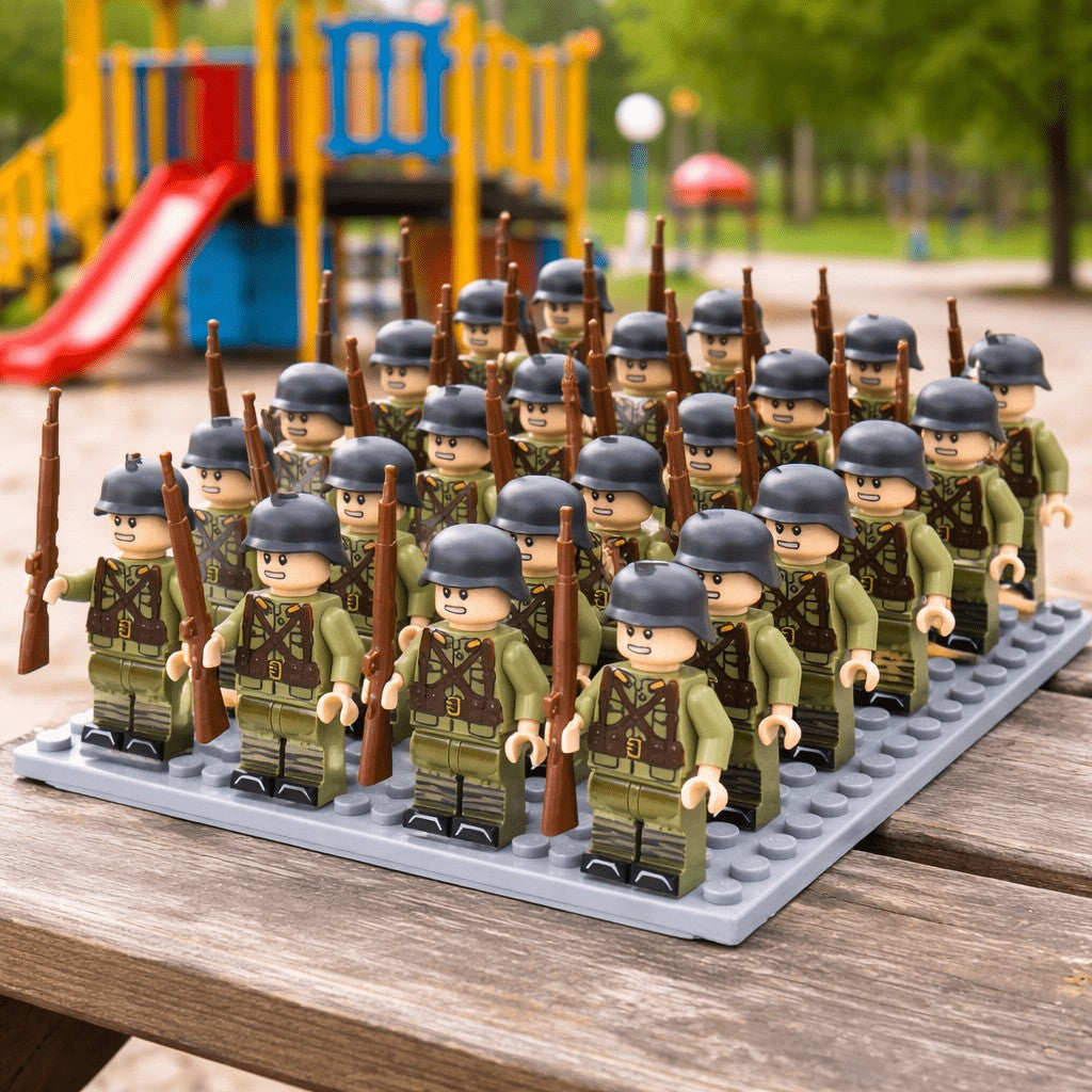 Bausteinfiguren in grünen Uniformen auf einer grauen Bauplatte