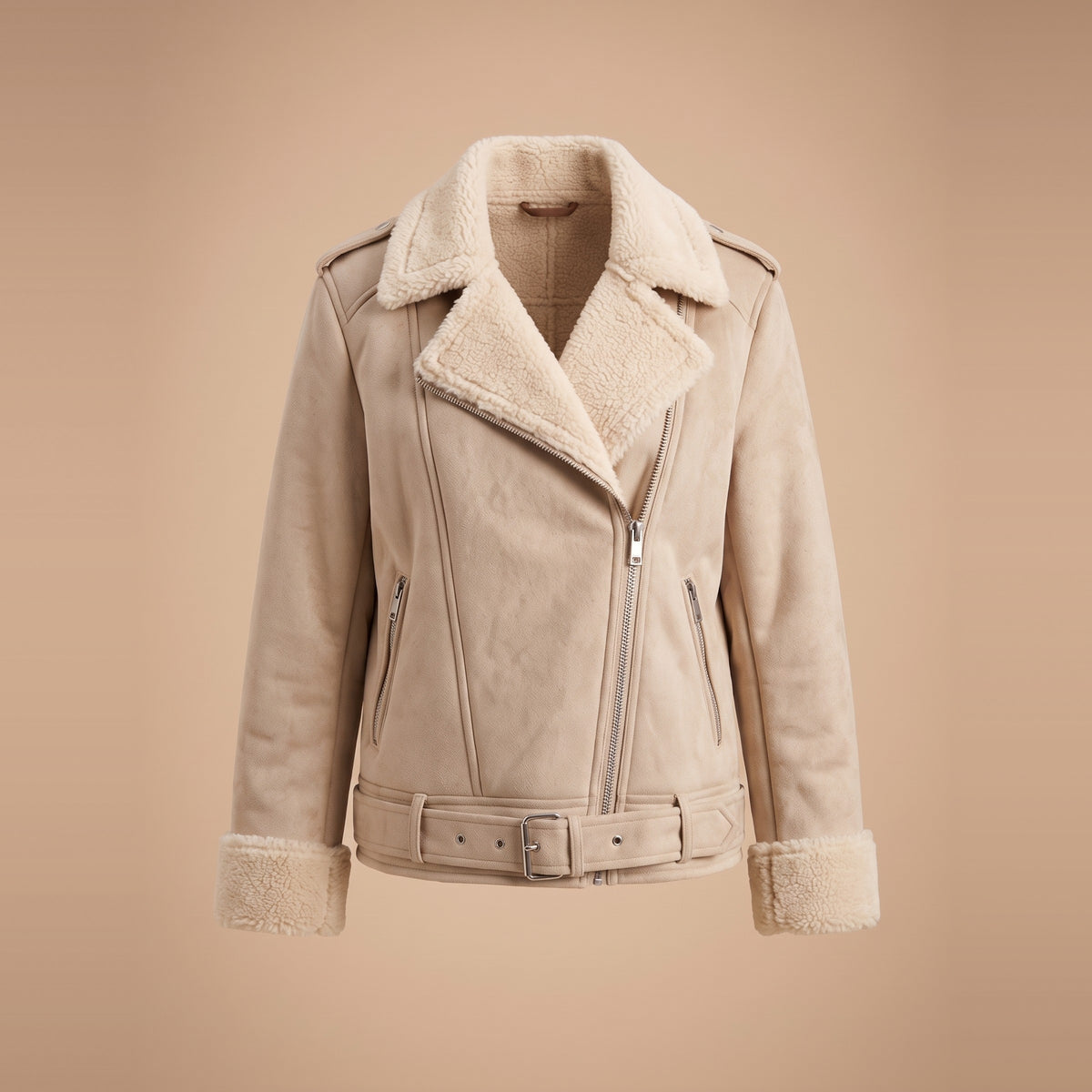 Damen-Bikerjacke in Wildlederoptik mit Teddyfutter in Beige, Vorderansicht