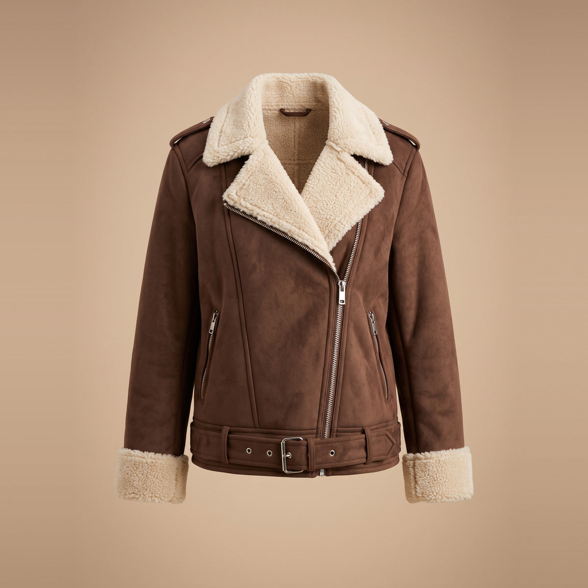 Damen-Bikerjacke in Wildlederoptik mit Teddyfutter in Braun, Vorderansicht