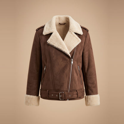 Damen-Bikerjacke in Wildlederoptik mit Teddyfutter in Braun, Vorderansicht