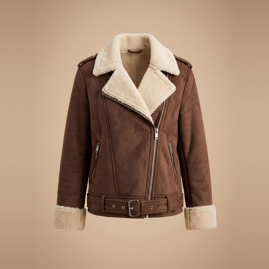 Damen-Bikerjacke in Wildlederoptik mit Teddyfutter in Braun, Vorderansicht