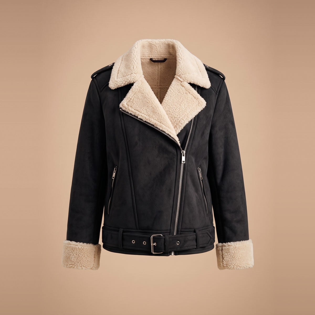Damen-Bikerjacke in Wildlederoptik mit Teddyfutter in Schwarz, Vorderansicht