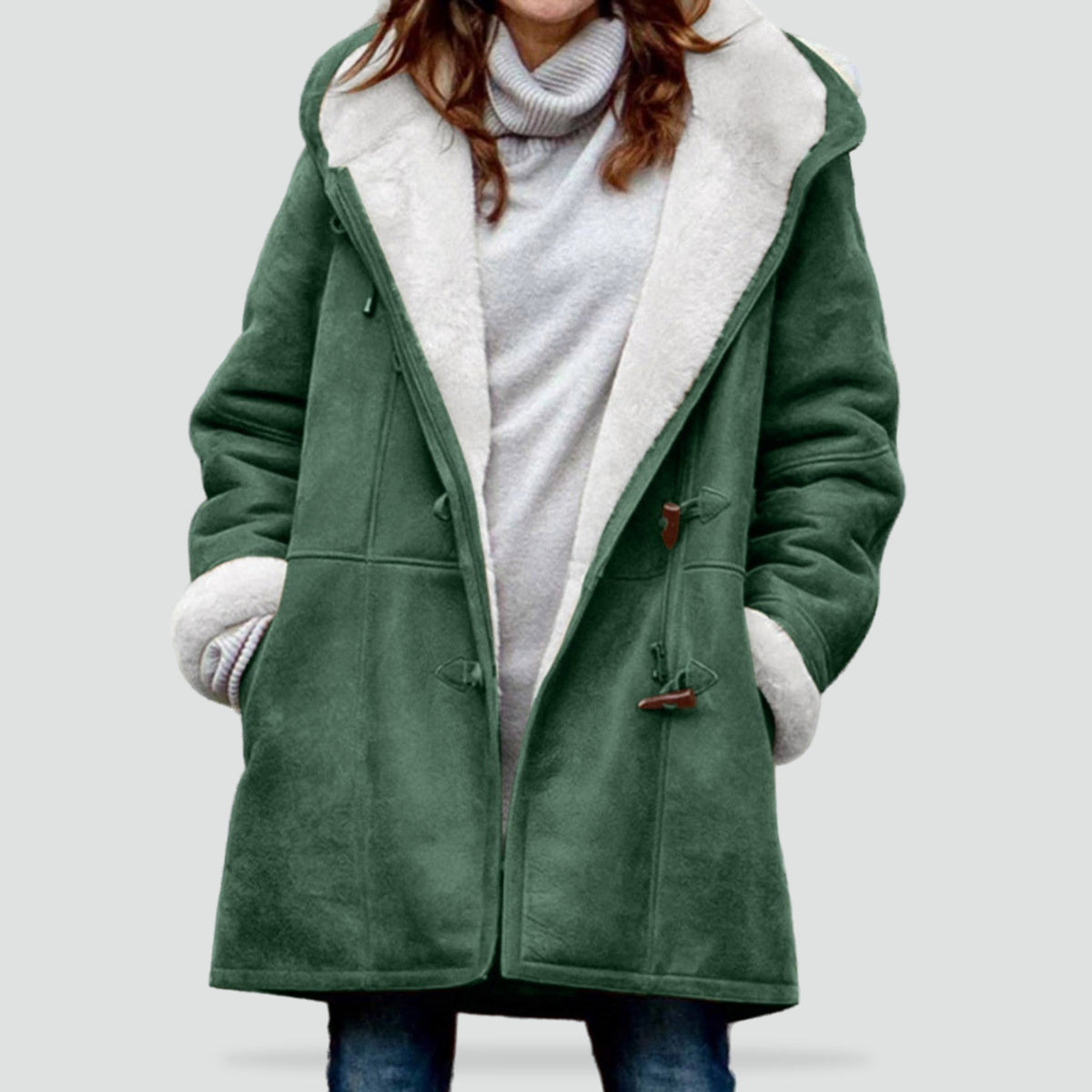Damen-Dufflecoat in Wildlederoptik mit Teddyfutter, Kapuze und Knebelverschluss in Grün