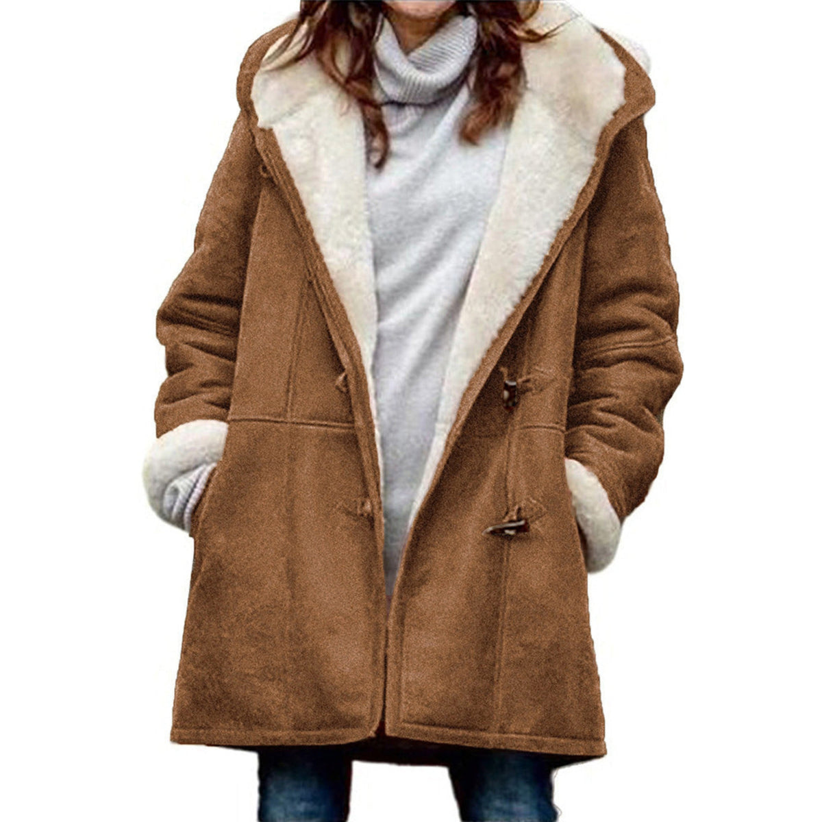 Damen-Dufflecoat in Wildlederoptik mit Teddyfutter, Kapuze und Knebelverschluss in Braun