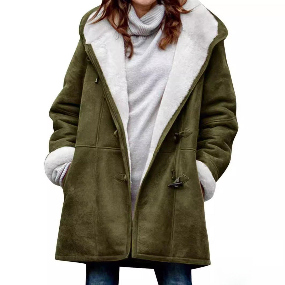 Damen-Dufflecoat in Wildlederoptik mit Teddyfutter, Kapuze und Knebelverschluss in Dunkelgrün