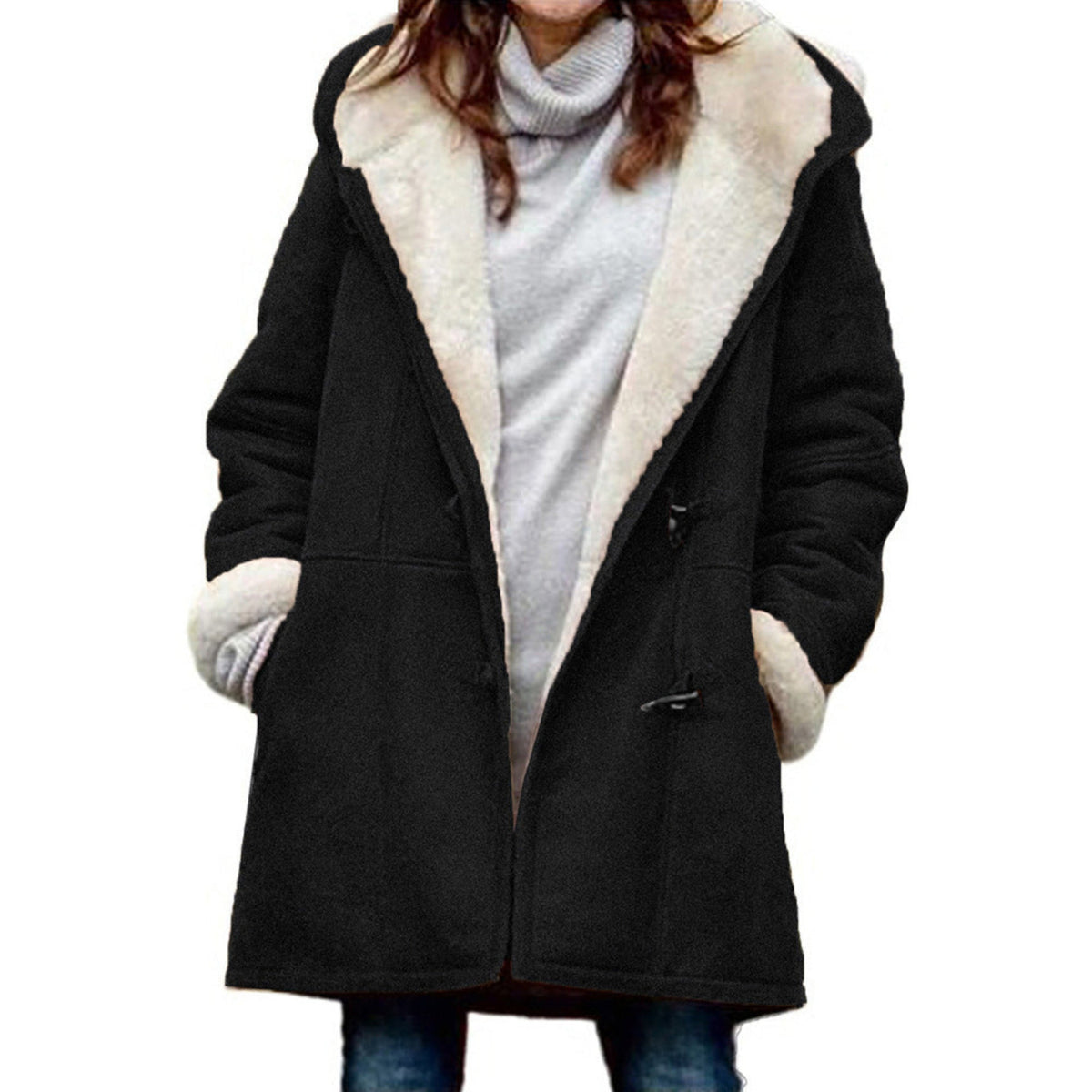 Damen-Dufflecoat in Wildlederoptik mit Teddyfutter, Kapuze und Knebelverschluss in Schwarz