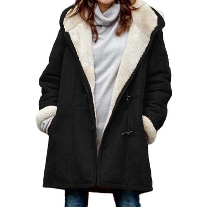 Damen-Dufflecoat in Wildlederoptik mit Teddyfutter, Kapuze und Knebelverschluss in Schwarz