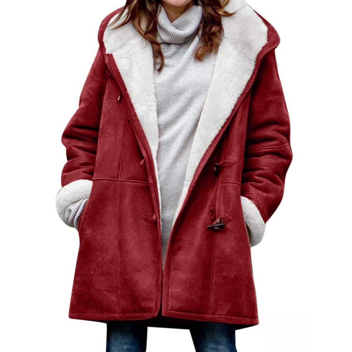 Damen-Dufflecoat in Wildlederoptik mit Teddyfutter, Kapuze und Knebelverschluss in Rot