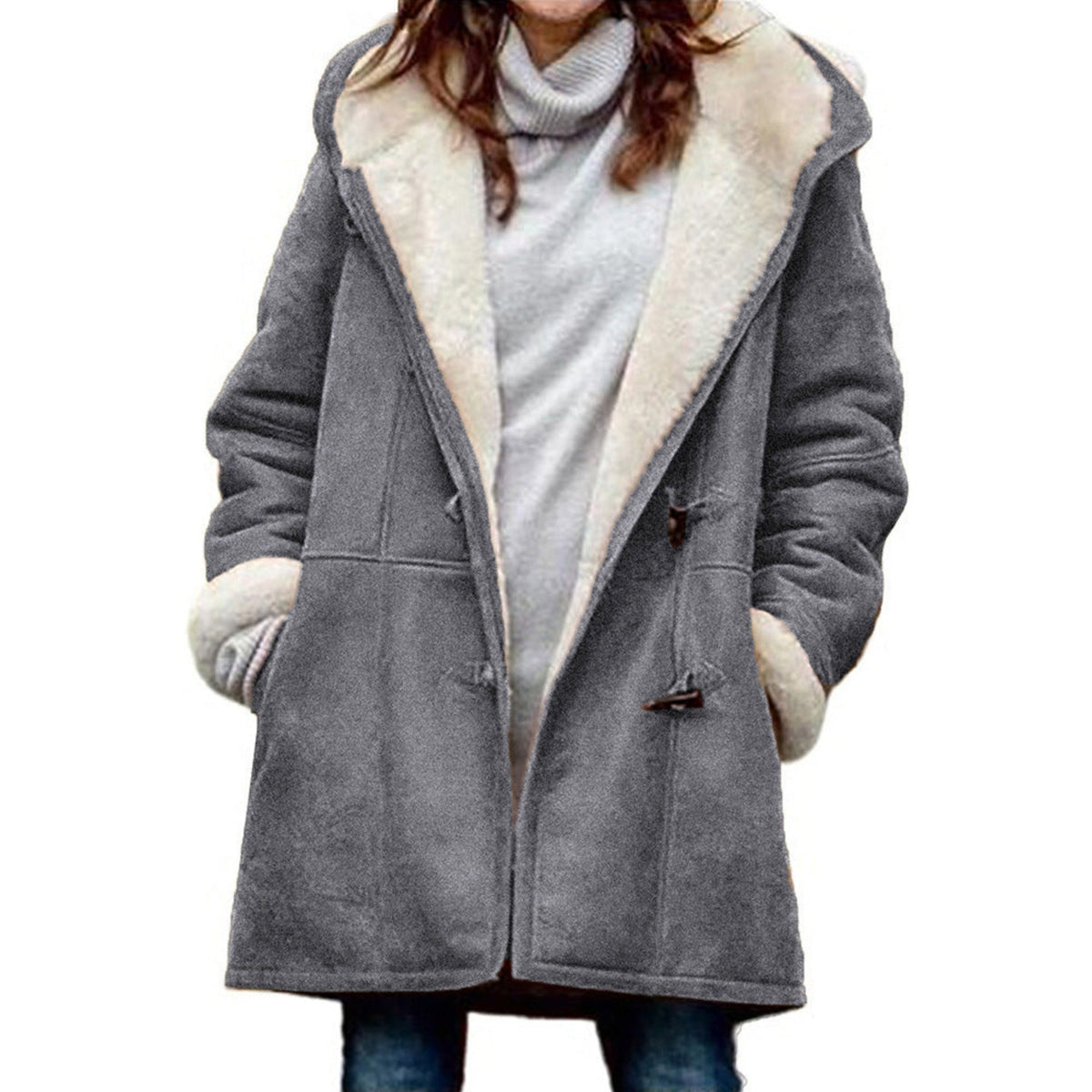 Damen-Dufflecoat in Wildlederoptik mit Teddyfutter, Kapuze und Knebelverschluss in Dunkelgrau