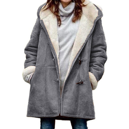 Damen-Dufflecoat in Wildlederoptik mit Teddyfutter, Kapuze und Knebelverschluss in Dunkelgrau