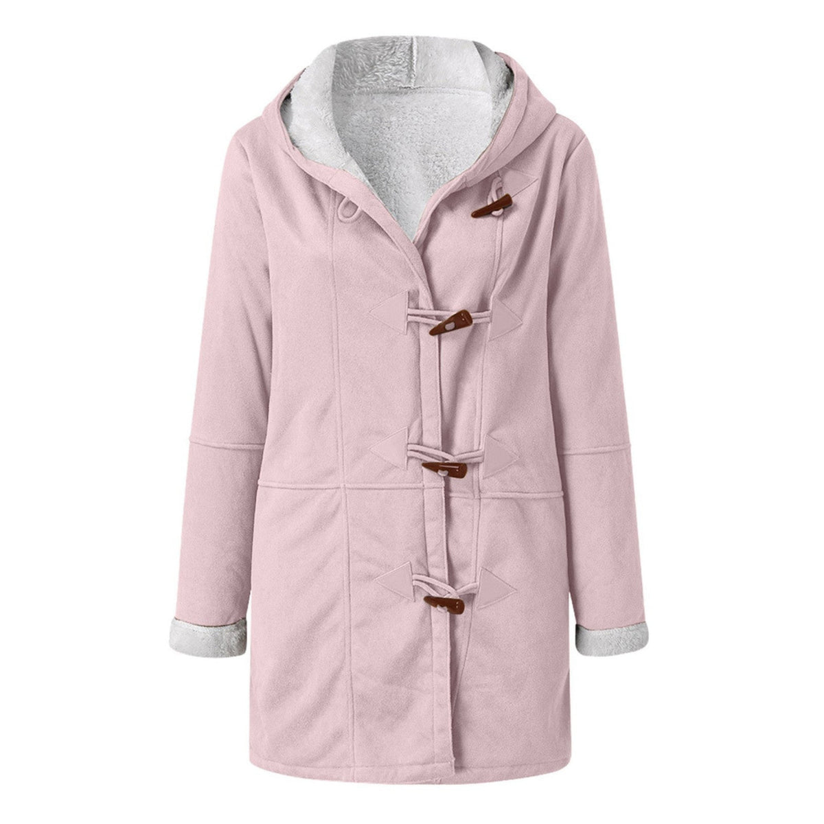 Damen-Dufflecoat in Wildlederoptik mit Teddyfutter, Kapuze und Knebelverschluss in Rosa
