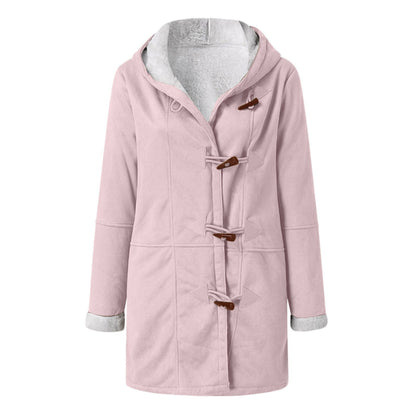 Damen-Dufflecoat in Wildlederoptik mit Teddyfutter, Kapuze und Knebelverschluss in Rosa