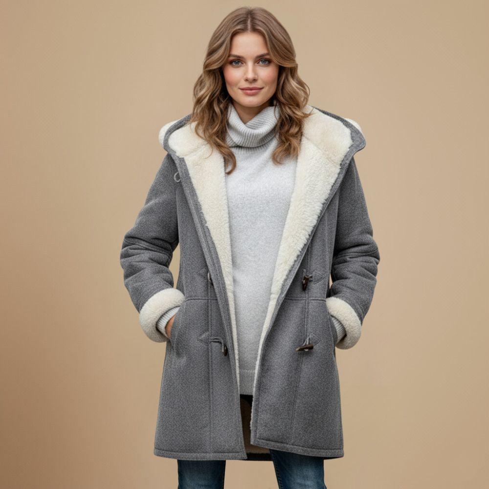 Damen-Dufflecoat mit Kapuze, Teddyfutter und Knebelverschluss für Herbst und Winter in Grau