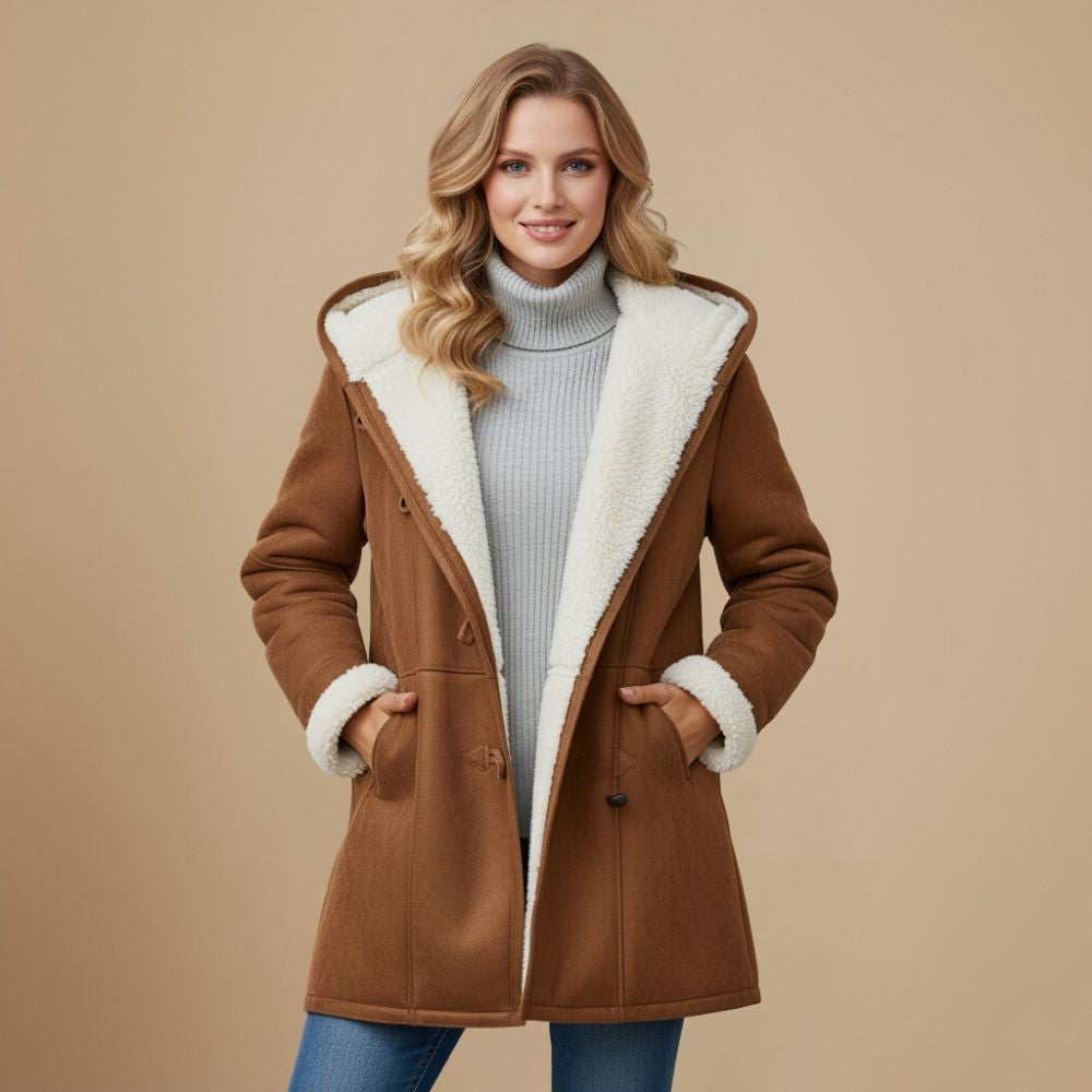 Damen-Dufflecoat mit Kapuze, Teddyfutter und Knebelverschluss für Herbst und Winter, Ansicht 7