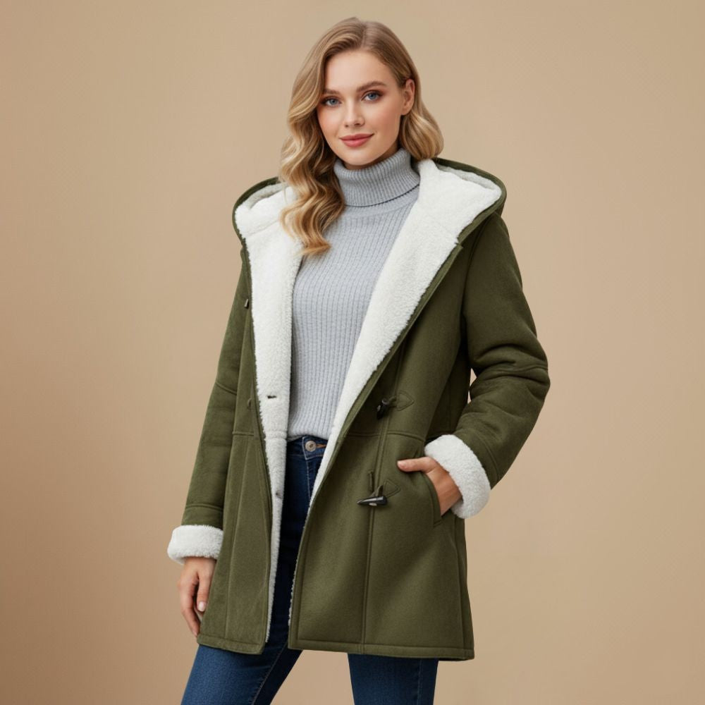Damen-Dufflecoat mit Kapuze, Teddyfutter und Knebelverschluss für Herbst und Winter in Grün