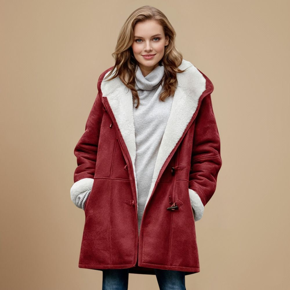 Damen-Dufflecoat mit Kapuze, Teddyfutter und Knebelverschluss für Herbst und Winter in Rot