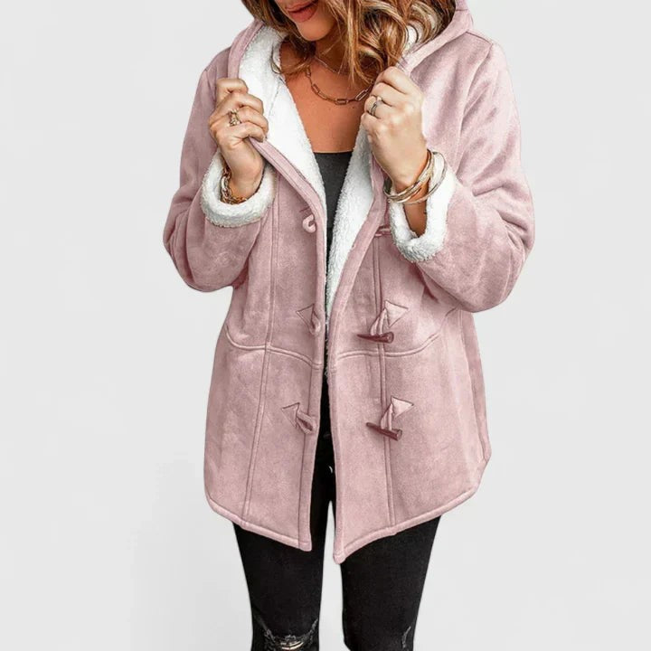 Damen-Dufflejacke in Wildlederoptik mit Fleecefutter, Kapuze und Knebelverschluss in Pink
