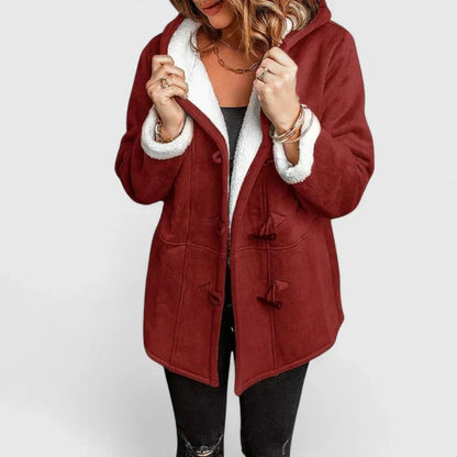 Damen-Dufflejacke in Wildlederoptik mit Fleecefutter, Kapuze und Knebelverschluss in Bordeaux