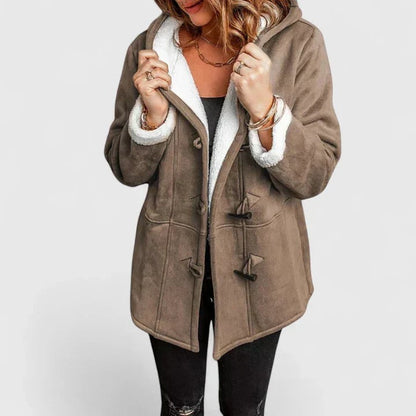 Damen-Dufflejacke in Wildlederoptik mit Fleecefutter, Kapuze und Knebelverschluss in Braun