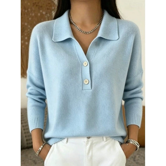 Damen-Feinstrickpullover mit Polokragen, Knopfleiste und überschnittenen Schultern in Blau