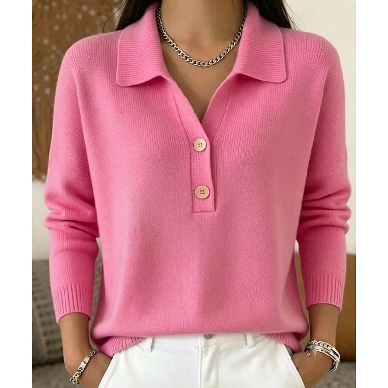 Damen-Feinstrickpullover mit Polokragen, Knopfleiste und überschnittenen Schultern in Pink