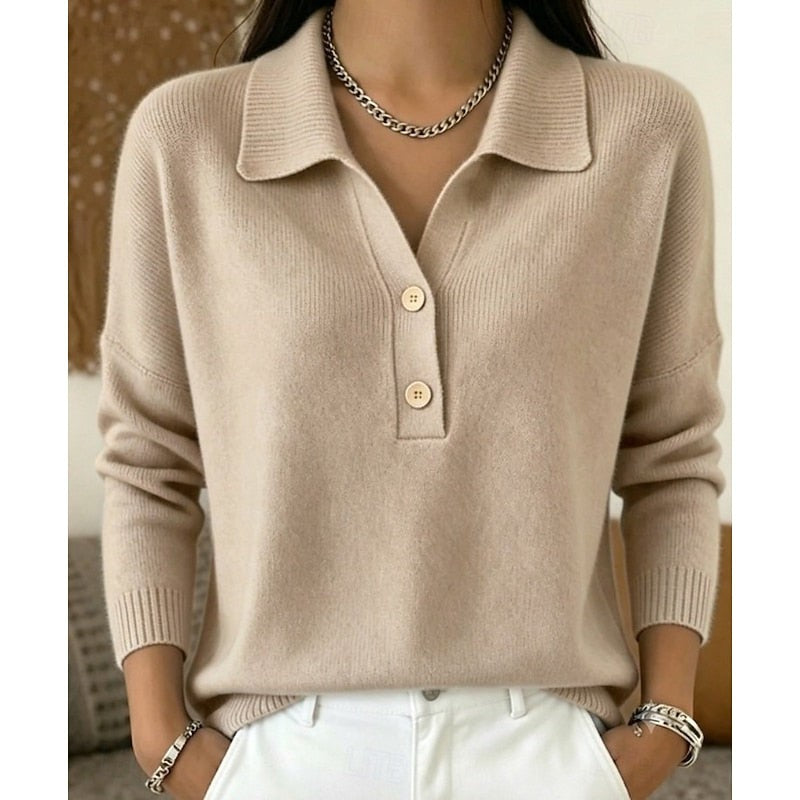 Damen-Feinstrickpullover mit Polokragen, Knopfleiste und überschnittenen Schultern in Khaki