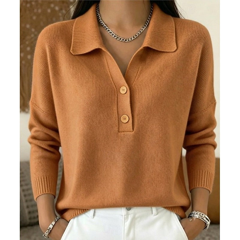 Damen-Feinstrickpullover mit Polokragen, Knopfleiste und überschnittenen Schultern in Hellbraun