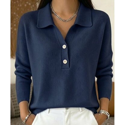 Damen-Feinstrickpullover mit Polokragen, Knopfleiste und überschnittenen Schultern in Dunkelblau
