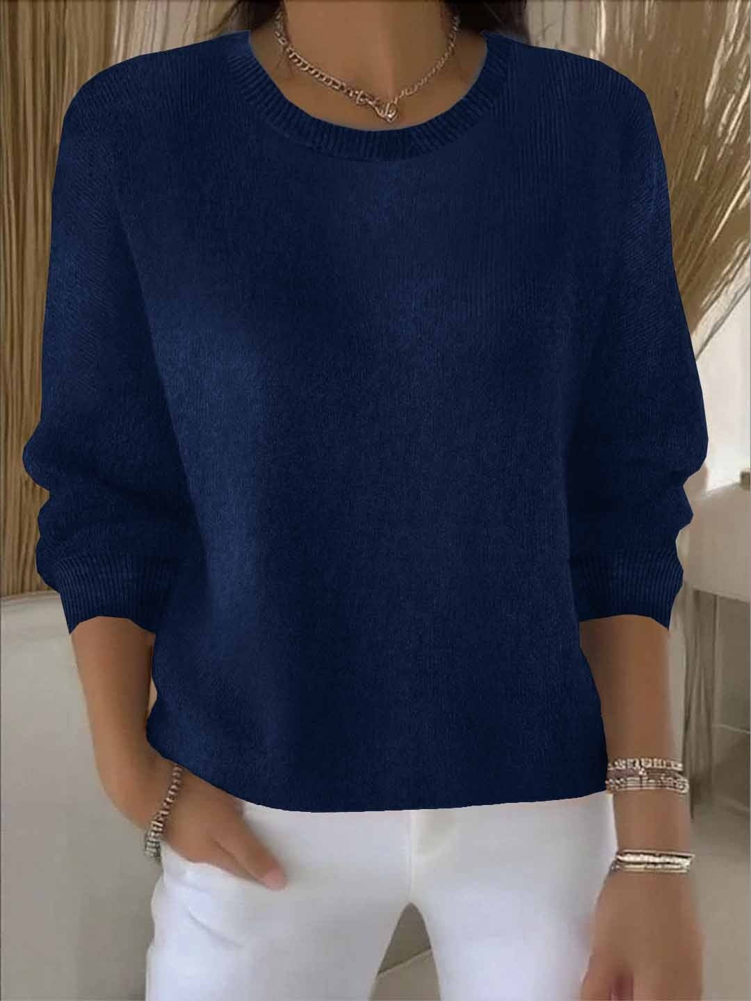Damen-Feinstrickpullover mit Rundhals und Rippbündchen in vielen Farben in Dunkelblau