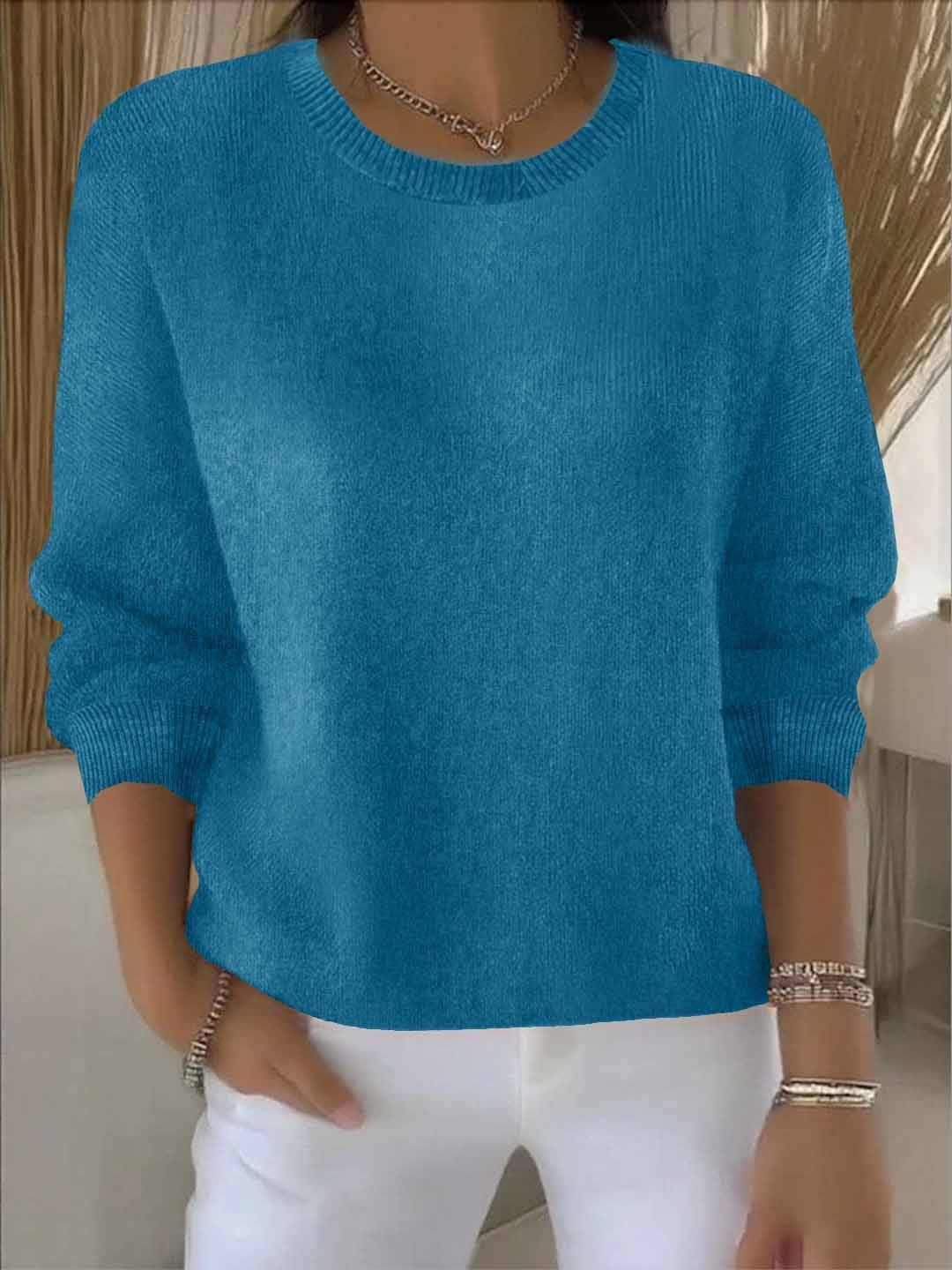 Damen-Feinstrickpullover mit Rundhals und Rippbündchen in vielen Farben in Blau