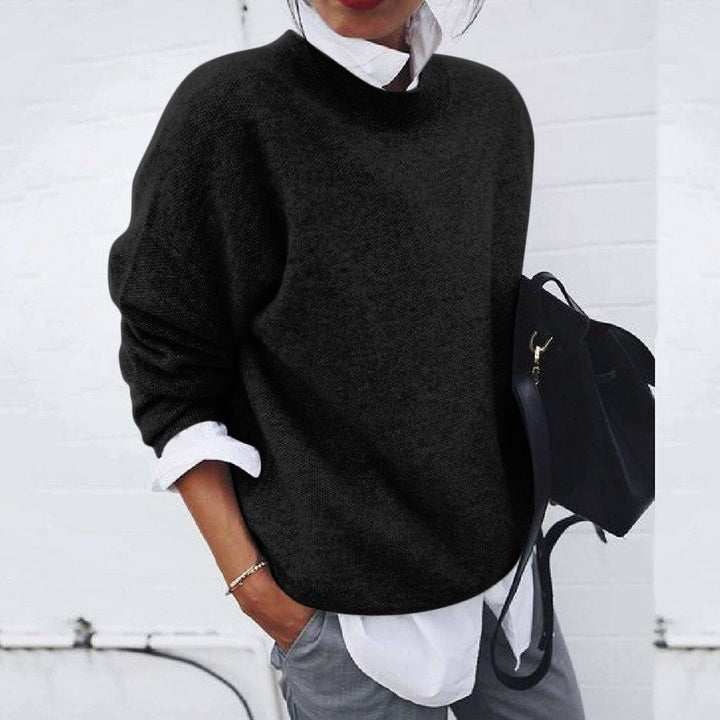 Damen-Feinstrickpullover mit Rundhals und überschnittenen Schultern für Herbst und Winter in Schwarz