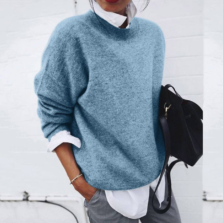 Damen-Feinstrickpullover mit Rundhals und überschnittenen Schultern für Herbst und Winter in Blau