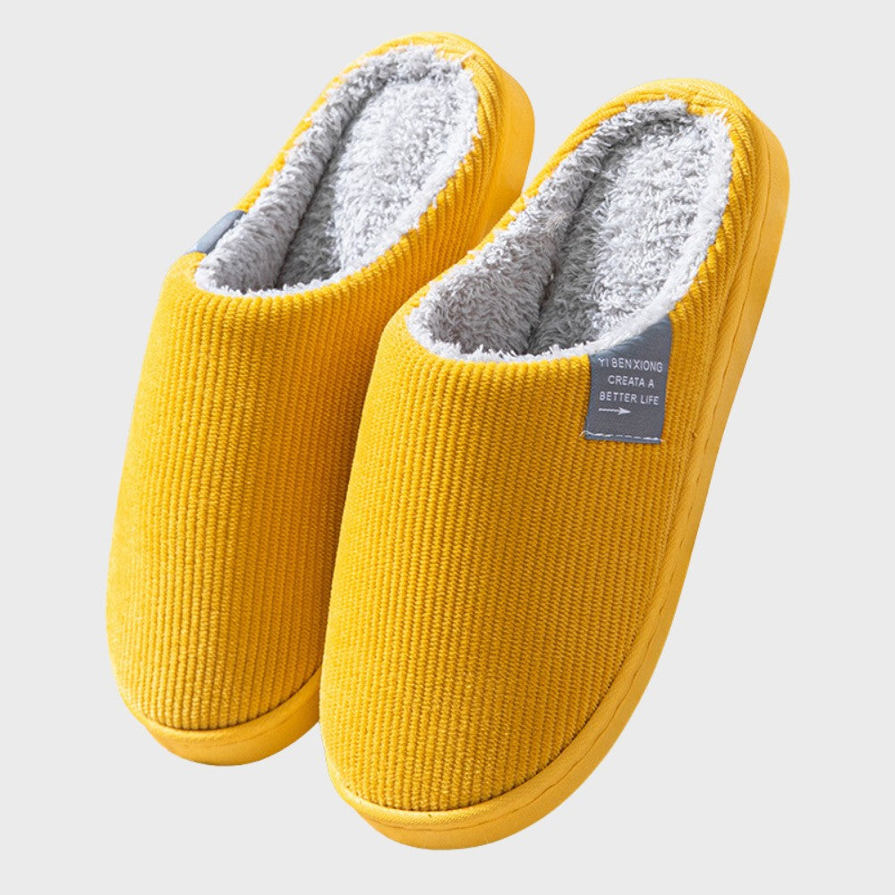 Damen-Hausschuhe aus Cord mit Plüschfutter und flexibler rutschfester Sohle in Gelb