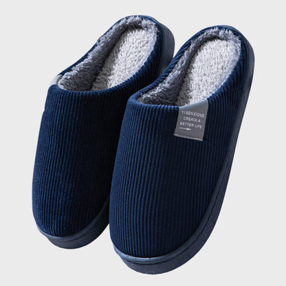 Damen-Hausschuhe aus Cord mit Plüschfutter und flexibler rutschfester Sohle in Marineblau