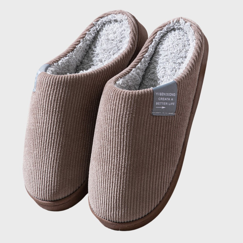 Damen-Hausschuhe aus Cord mit Plüschfutter und flexibler rutschfester Sohle in Kaffeebraun