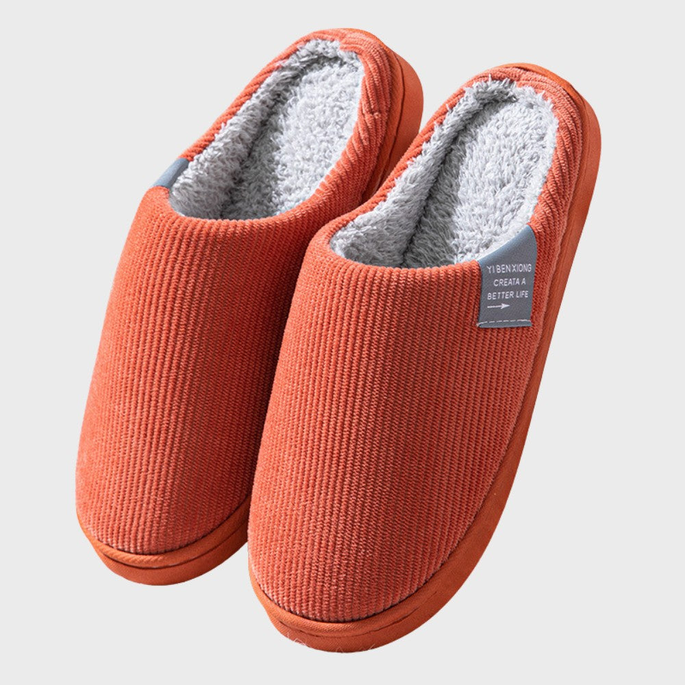 Damen-Hausschuhe aus Cord mit Plüschfutter und flexibler rutschfester Sohle in Orange