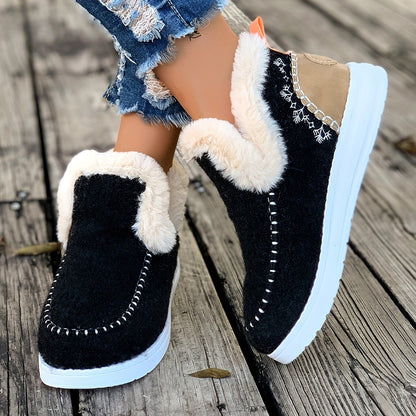 Damen-Hausschuhe mit Plüschfutter, hohem Plüschkragen und rutschfester PU-Sohle in Schwarz