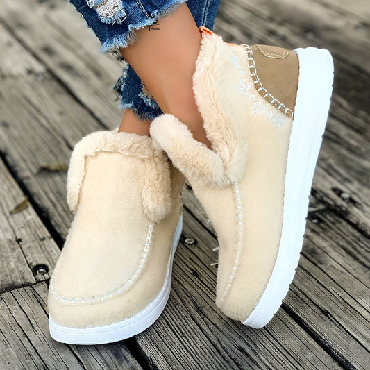 Damen-Hausschuhe mit Plüschfutter, hohem Plüschkragen und rutschfester PU-Sohle in Beige