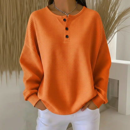 Damen-Henley-Sweatshirt mit Waffelstruktur, Knopfleiste und überschnittenen Schultern in Orange