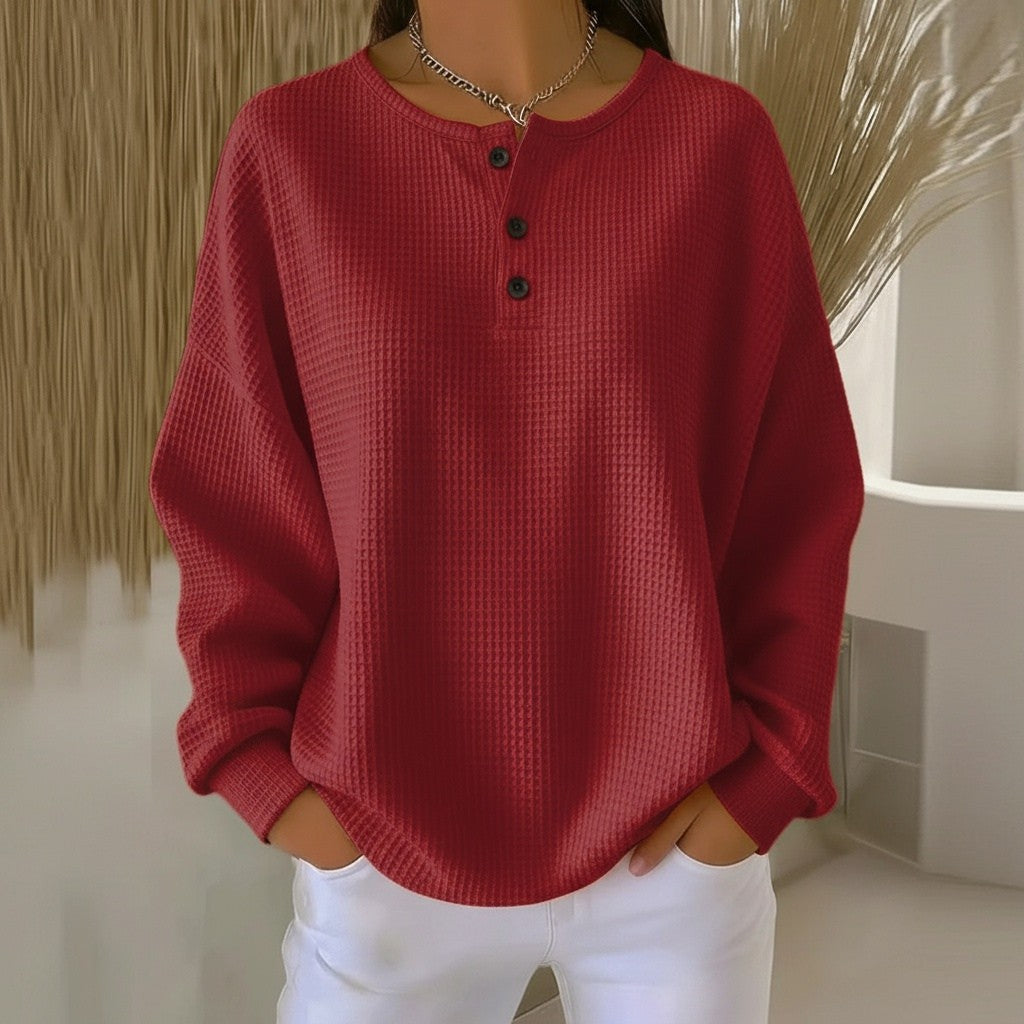 Damen-Henley-Sweatshirt mit Waffelstruktur, Knopfleiste und überschnittenen Schultern in Rot
