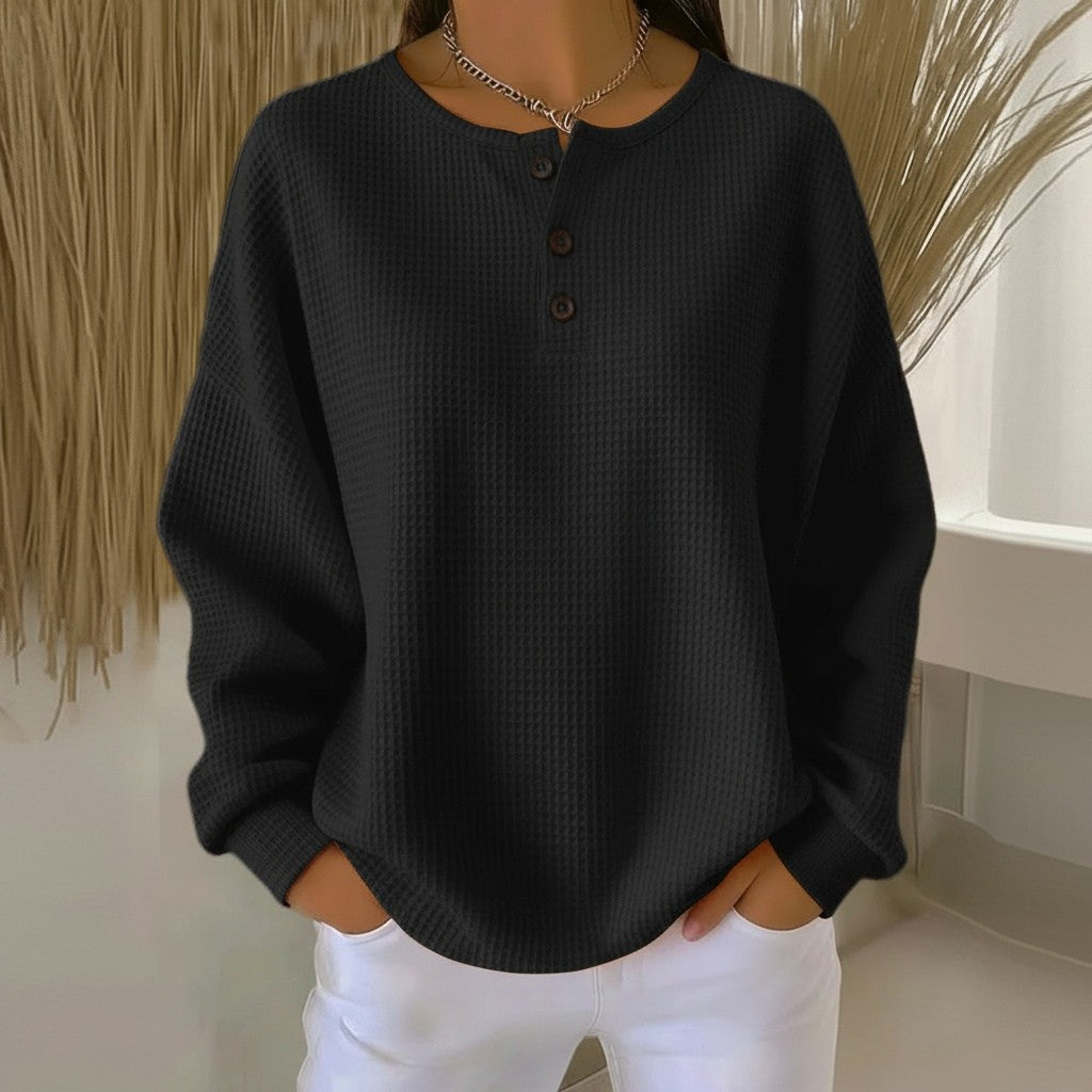 Damen-Henley-Sweatshirt mit Waffelstruktur, Knopfleiste und überschnittenen Schultern in Schwarz